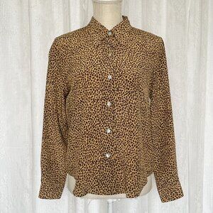 Spenser Jeremy Women's Silk Top Petite Medium Leopard Button Up Long Sleeve